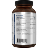 Das Bild zeigt eine weiße Plastikflasche mit dem Etikett 'FERRO FEM' von American Biologics. Die Flasche enthält 90 Kapseln eines Nahrungsergänzungsmittels mit Eisen, Vitamin C und B-Vitaminen. Auf dem Etikett sind die Begriffe 'VEGAN' und 'NON GMO' zu sehen. Vor der Flasche liegen zwei gelbe Kapseln.