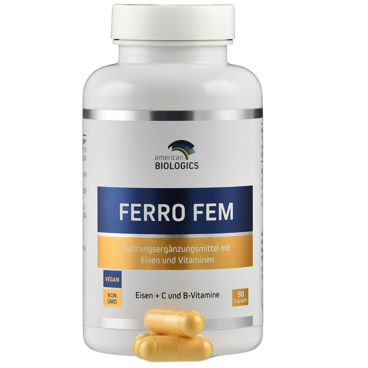 Das Bild zeigt eine weiße Plastikflasche mit dem Etikett 'FERRO FEM' von American Biologics. Die Flasche enthält 90 Kapseln eines Nahrungsergänzungsmittels mit Eisen, Vitamin C und B-Vitaminen. Auf dem Etikett sind die Begriffe 'VEGAN' und 'NON GMO' zu sehen. Vor der Flasche liegen zwei gelbe Kapseln.