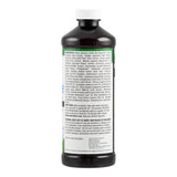 Das Bild zeigt eine dunkle Plastikflasche mit weißem Verschluss, die auf einem weißen Hintergrund steht. Auf der Vorderseite der Flasche befindet sich ein Etikett mit einer langen Liste von Inhaltsstoffen und Anweisungen in englischer Sprache. Die Flasche enthält offensichtlich eine Flüssigkeit, die wahrscheinlich für Mundpflegezwecke gedacht ist. Die Inhaltsstoffe umfassen natürliche Extrakte und Öle wie Pfefferminzöl, Nelkenöl und Lavendelöl. Auf dem Etikett sind auch Warnhinweise und Lagerungsempfehlunge