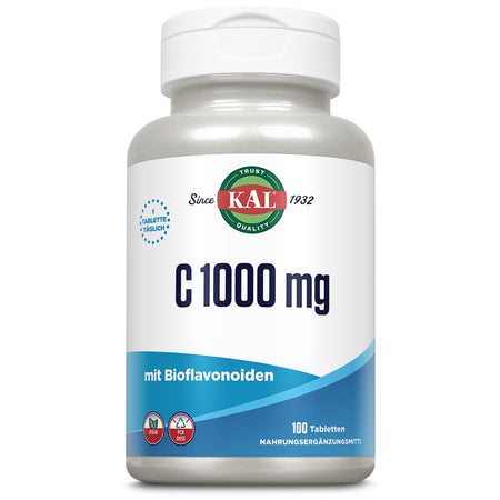 Eine weiße Plastikflasche mit einem Etikett der Marke KAL, das Vitamin C 1000 mg mit Bioflavonoiden zeigt. Auf dem Etikett stehen Informationen wie "Seit 1932" und "Nahrungsergänzungsmittel". Die Flasche enthält 100 Tabletten und ist vegan.