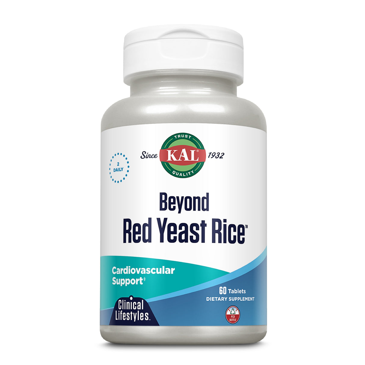 Eine weiße Plastikflasche mit einem Etikett, das den Markennamen KAL zeigt. Auf dem Etikett steht 'Beyond Red Yeast Rice', ein Nahrungsergänzungsmittel zur Unterstützung der Herzgesundheit. Die Flasche enthält 60 Tabletten und ist für den täglichen Gebrauch vorgesehen.