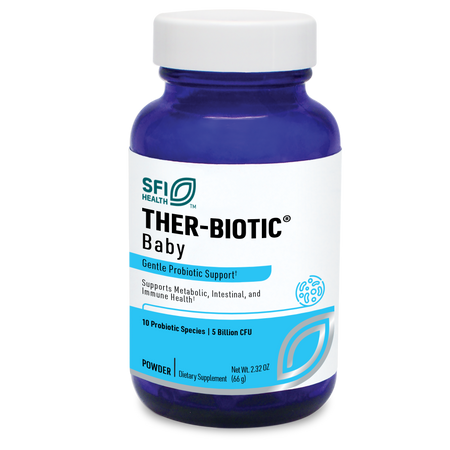 Das Bild zeigt eine blaue Flasche mit weißem Etikett, auf dem "SFI Health THER-BIOTIC Baby" steht. Es handelt sich um ein probiotisches Nahrungsergänzungsmittel für Babys, das 10 probiotische Arten und 5 Milliarden KBE enthält. Die Flasche enthält 66 g Pulver.