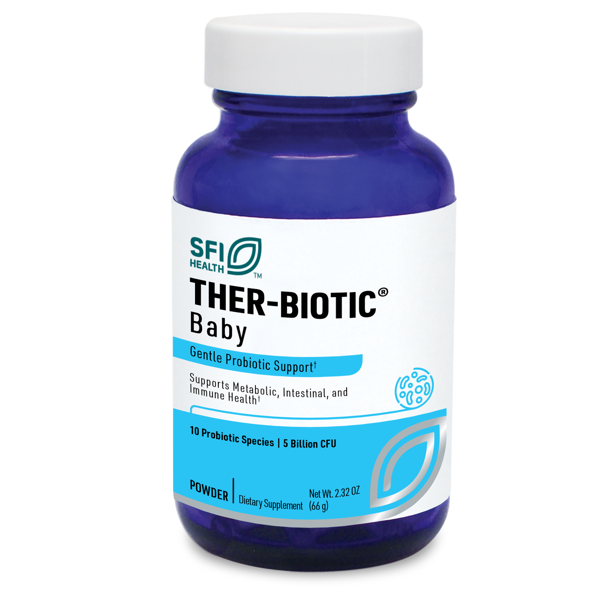 Das Bild zeigt eine blaue Flasche mit weißem Etikett, auf dem "SFI Health THER-BIOTIC Baby" steht. Es handelt sich um ein probiotisches Nahrungsergänzungsmittel für Babys, das 10 probiotische Arten und 5 Milliarden KBE enthält. Die Flasche enthält 66 g Pulver.