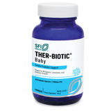 Das Bild zeigt eine blaue Flasche mit weißem Etikett, auf dem "SFI Health THER-BIOTIC Baby" steht. Es handelt sich um ein probiotisches Nahrungsergänzungsmittel für Babys, das 10 probiotische Arten und 5 Milliarden KBE enthält. Die Flasche enthält 66 g Pulver.