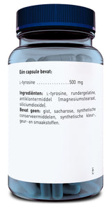 Das Bild zeigt ein Glas mit blauen Kapseln und einem blauen Deckel. Auf dem Etikett steht der Inhalt einer Kapsel: L-Tyrosin, 500 mg. Die Zutatenliste enthält L-Tyrosin, Rindergelatine, Magnesiumstearat und Siliciumdioxid. Es sind keine synthetischen Farb- und Konservierungsstoffe enthalten.