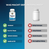 Das Bild zeigt einen Vergleich zwischen zwei Magnesiumpräparaten. Links ist eine Flasche "Magnesium 500 mg" von KAL mit Vorteilen wie hoher Dosierung und optimierter Aufnahme. Rechts ist ein neutrales, unbeschriftetes Fläschchen mit Nachteilen wie niedriger Dosierung und schlechter Resorption. Der Hintergrund ist zweifarbig: links blau, rechts grau. Oben steht der Text "WAS MACHT DEN UNTERSCHIED?".