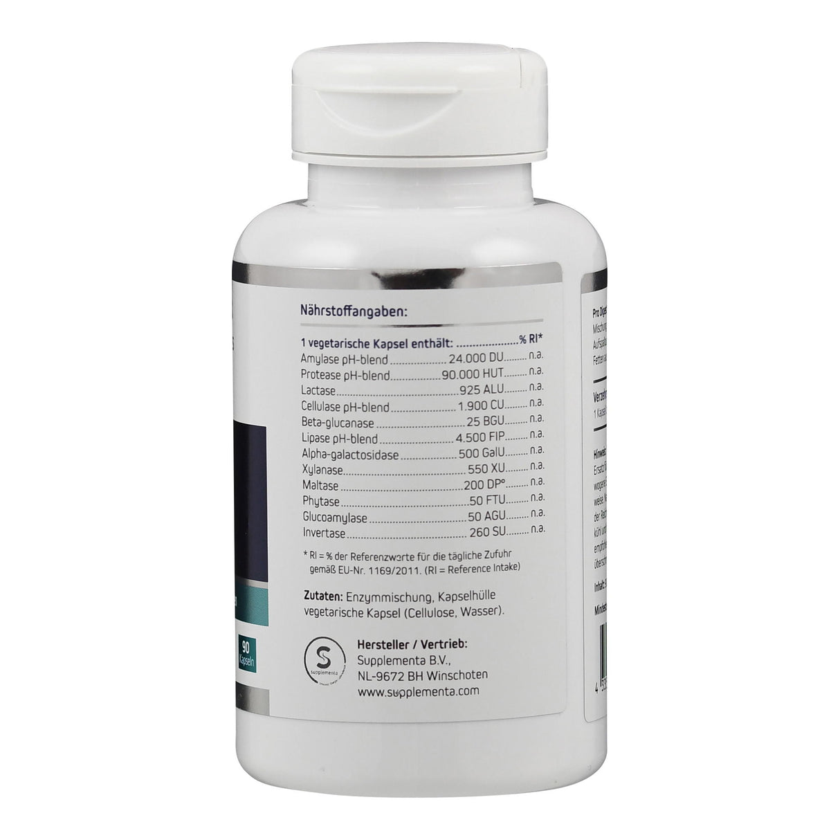 Flasche mit Nährstoffangaben für Enzymkapseln. Zutaten: Enzymmischung, Kapselhülle (Cellulose, Wasser). Hersteller: Supplementa B.V.