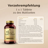 Eine Produktabbildung zeigt eine braune Flasche mit dem Etikett 'Ester-C Plus 1000 MG Vitamin C-Komplex', geeignet für Veganer. Daneben eine Tabelle mit Inhaltsstoffen wie Vitamin C, Citrusbioflavonoide, Rutin, Hagebuttenpulver und Acerola-Extrakt. Die Verzehrempfehlung lautet '1 x 1 Tablette zu den Mahlzeiten'. Die Flasche steht auf einem hellen Hintergrund, der Text ist in schwarzer Schrift auf einem beigen Hintergrund gedruckt.