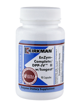Eine weiße Plastikflasche mit dem Etikett "Kirkman EnZym-Complete/DPP-IV II w/Isogest". Die Flasche enthält 90 Kapseln und ist als enzymhaltiges Nahrungsergänzungsmittel gekennzeichnet. Auf dem Etikett steht "Ultra Tested", „Casein & Gluten Free“ und „Enzyme Dietary Supplement“.