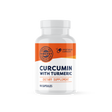 Dose mit Curcumin-Kapseln, vegan, glutenfrei, ohne Gentechnik. Orange Kapseln, 3x täglich 1 Kapsel.