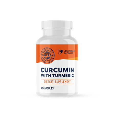 Dose mit Curcumin-Kapseln, vegan, glutenfrei, ohne Gentechnik. Orange Kapseln, 3x täglich 1 Kapsel.