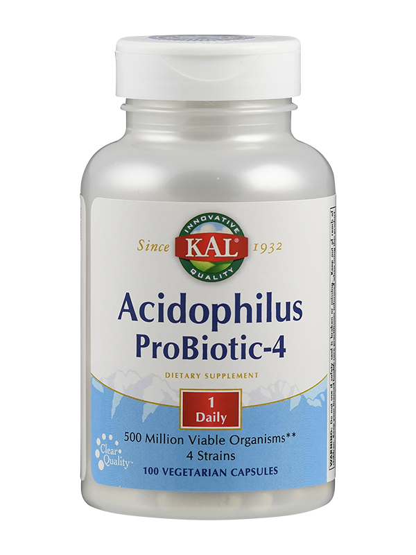 Flasche mit KAL Acidophilus ProBiotic-4 Nahrungsergänzungsmittel, 100 vegetarische Kapseln, 500 Millionen Organismen, 4 Stämme.