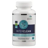 Eine weiße Flasche mit einem Etikett, das "INTERCLEAN" von American Biologics zeigt. Das Etikett enthält Informationen wie "Vegan", "Non GMO" und "pH-Blend". Es handelt sich um ein Nahrungsergänzungsmittel mit Enzymen, das 90 Kapseln enthält.