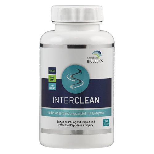 Eine weiße Flasche mit einem Etikett, das "INTERCLEAN" von American Biologics zeigt. Das Etikett enthält Informationen wie "Vegan", "Non GMO" und "pH-Blend". Es handelt sich um ein Nahrungsergänzungsmittel mit Enzymen, das 90 Kapseln enthält.