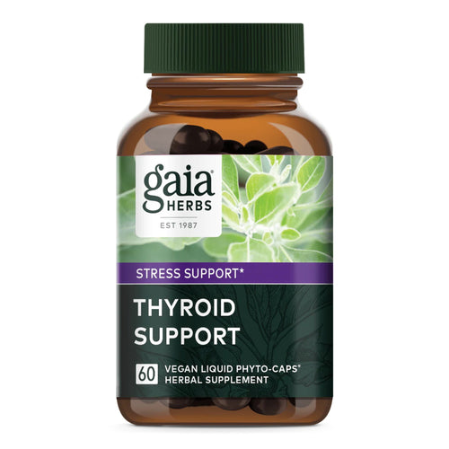 Das Bild zeigt eine braune Flasche mit einem grünen Schraubverschluss. Auf dem Etikett steht "Gaia Herbs" und "Thyroid Support". Die Flasche enthält 60 vegane flüssige Phyto-Kapseln zur Unterstützung der Schilddrüse. Das Etikett hat einen lila Streifen mit der Aufschrift "Stress Support" und zeigt ein Pflanzenmotiv.