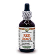 Eine Flasche mit Tropfverschluss, beschriftet mit 'Hawaii Pharm', 'Red Root' und 'Ceanothus Americanus'. Die Flasche enthält 60 ml und ist als Nahrungsergänzungsmittel gekennzeichnet. Sie ist dunkelbraun mit einem weißen Etikett, das Informationen zu Inhaltsstoffen und Herkunft enthält.