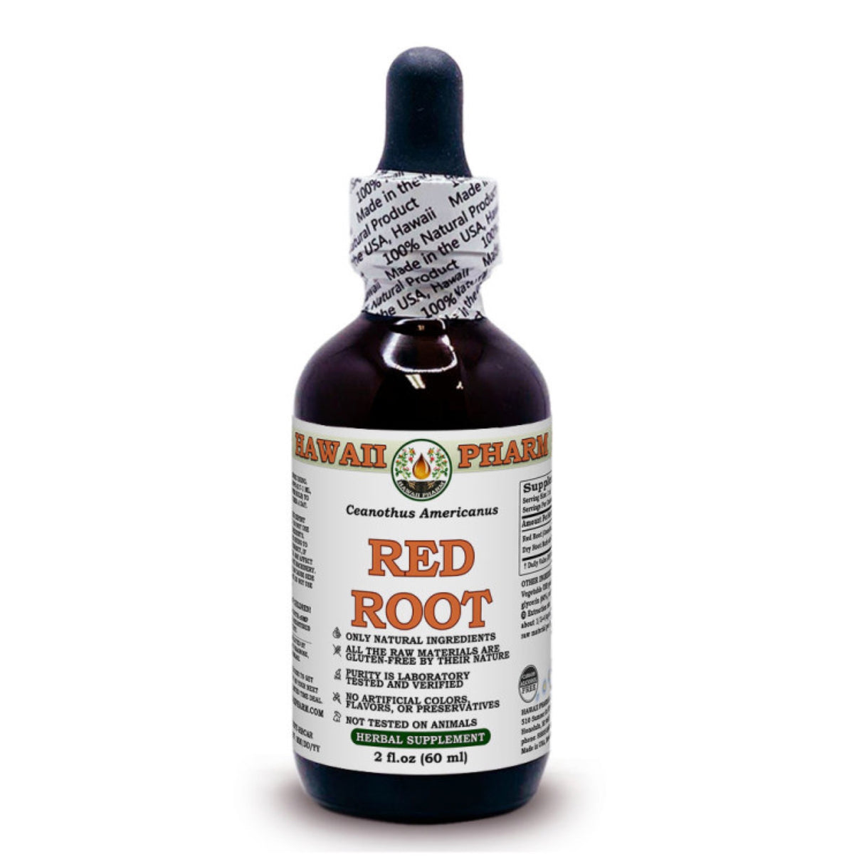 Eine Flasche mit Tropfverschluss, beschriftet mit 'Hawaii Pharm', 'Red Root' und 'Ceanothus Americanus'. Die Flasche enthält 60 ml und ist als Nahrungsergänzungsmittel gekennzeichnet. Sie ist dunkelbraun mit einem weißen Etikett, das Informationen zu Inhaltsstoffen und Herkunft enthält.