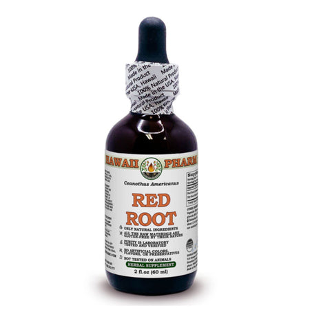 Eine Flasche mit Tropfverschluss, beschriftet mit 'Hawaii Pharm', 'Red Root' und 'Ceanothus Americanus'. Die Flasche enthält 60 ml und ist als Nahrungsergänzungsmittel gekennzeichnet. Sie ist dunkelbraun mit einem weißen Etikett, das Informationen zu Inhaltsstoffen und Herkunft enthält.