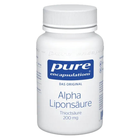 Das Bild zeigt eine weiße Plastikflasche mit einem Schraubverschluss. Auf dem Etikett steht „pure encapsulations“ in blauer Schrift, darunter „Das Original“ und „Alpha Liponsäure“ sowie „Thioctsäure 200 mg“.