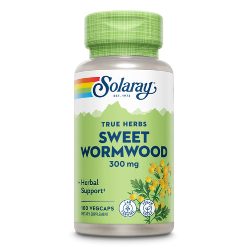 Flasche mit grünem Etikett von Solaray, gekennzeichnet mit "Sweet Wormwood 300 mg" und "100 VegCaps". Enthält pflanzliche Nahrungsergänzungsmittel.