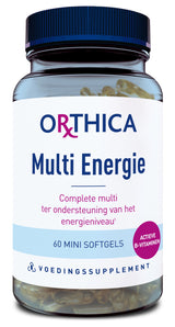 Ein Glasbehälter mit blauem Deckel, gefüllt mit 60 Mini-Softgels. Auf dem Etikett steht 'Orthica Multi Energie' mit aktiven B-Vitaminen, einem Nahrungsergänzungsmittel zur Unterstützung des Energieniveaus. Der Text ist in niederländischer Sprache.