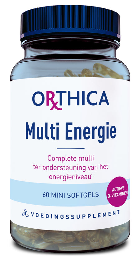 Ein Glasbehälter mit blauem Deckel, gefüllt mit 60 Mini-Softgels. Auf dem Etikett steht 'Orthica Multi Energie' mit aktiven B-Vitaminen, einem Nahrungsergänzungsmittel zur Unterstützung des Energieniveaus. Der Text ist in niederländischer Sprache.
