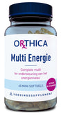 Ein Glasbehälter mit blauem Deckel, gefüllt mit 60 Mini-Softgels. Auf dem Etikett steht 'Orthica Multi Energie' mit aktiven B-Vitaminen, einem Nahrungsergänzungsmittel zur Unterstützung des Energieniveaus. Der Text ist in niederländischer Sprache.
