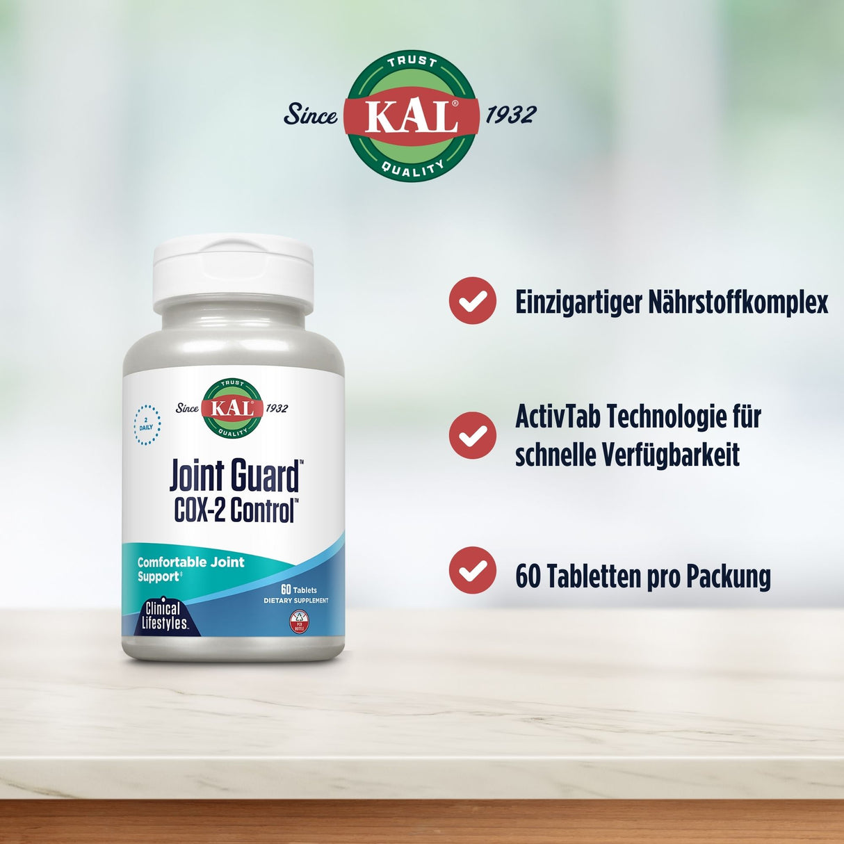 KAL Joint Guard COX-2 Control Flasche auf Tisch. Text: Einzigartiger Nährstoffkomplex, ActivTab Technologie, 60 Tabletten pro Packung. Seit 1932.