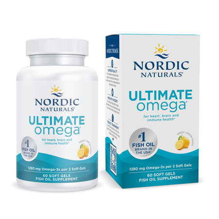 Flasche und Verpackung von Nordic Naturals Ultimate Omega Fischölkapseln mit Zitronengeschmack, 60 Softgels, 1280 mg Omega-3 pro 2 Kapseln.