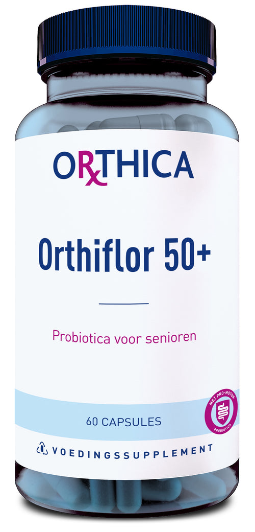 Ein Glasbehälter mit blauem Deckel, darin befinden sich blaue Kapseln. Auf dem Etikett steht 'Orthica Orthiflor 50+', 'Probiotica voor senioren' und '60 Capsules'. Unten ist ein Recycling-Symbol und 'Voedingssupplement'.