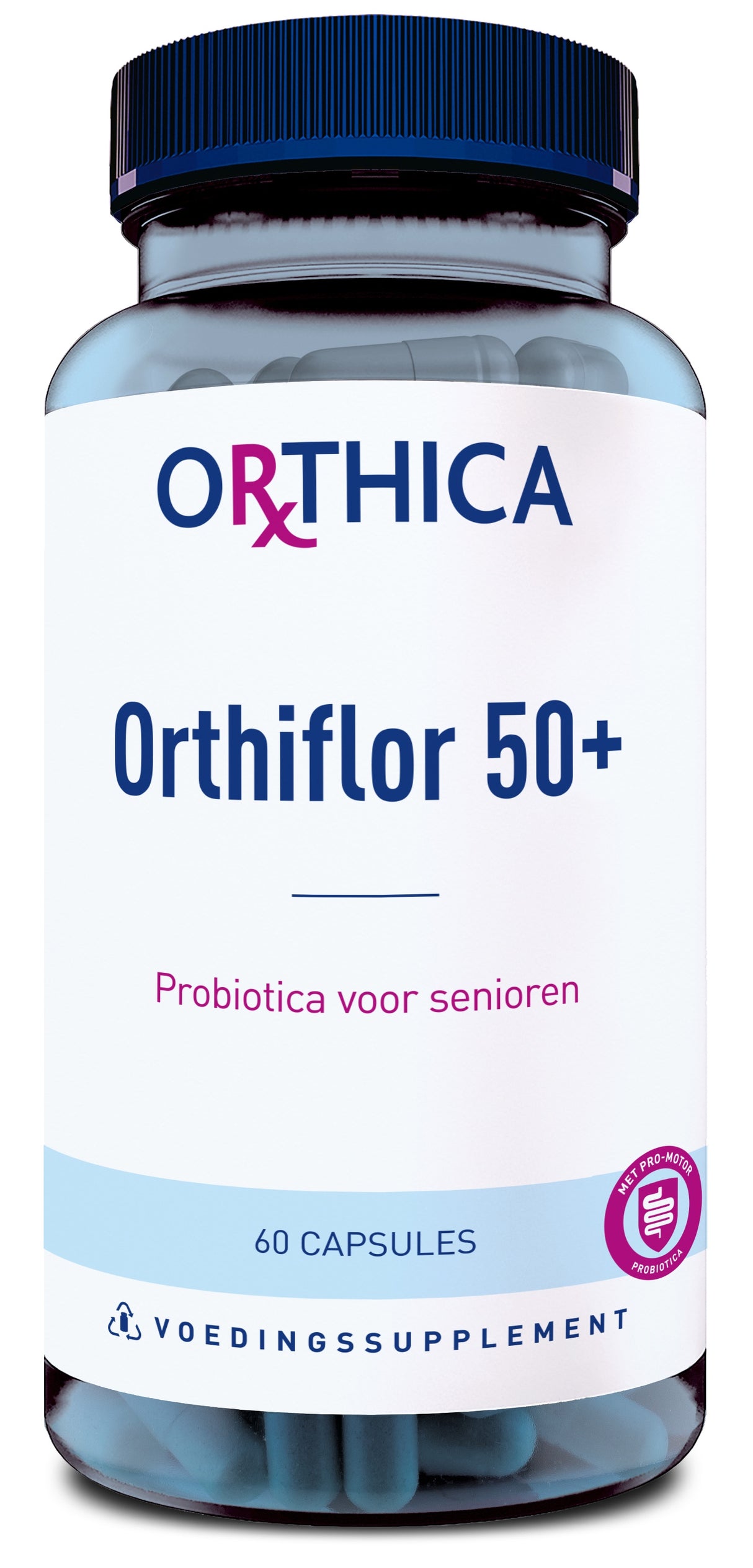 Ein Glasbehälter mit blauem Deckel, darin befinden sich blaue Kapseln. Auf dem Etikett steht 'Orthica Orthiflor 50+', 'Probiotica voor senioren' und '60 Capsules'. Unten ist ein Recycling-Symbol und 'Voedingssupplement'.