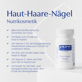Das Bild zeigt eine Produktverpackung von "pure encapsulations" mit dem Titel "Haut-Haare-Nägel". Links befinden sich Stichpunkte zu den Inhaltsstoffen wie Biotin, Vitamin C, Zink, Vitamin E, Selen und Kupfer, die verschiedene gesundheitliche Vorteile bieten. Die Verpackung ist weiß mit blauer Schrift und steht auf einer weißen Oberfläche.