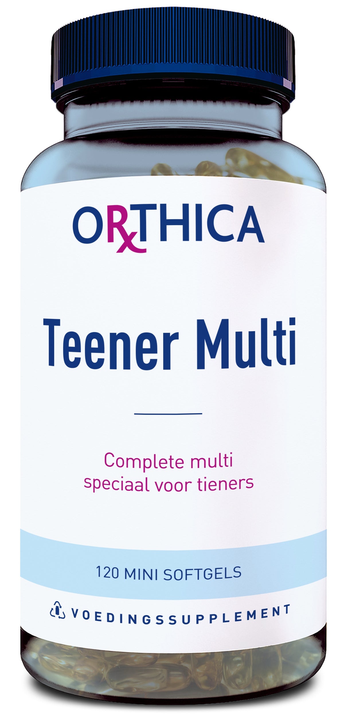 Eine Flasche mit der Aufschrift 'Orthica Teener Multi'. Auf dem Etikett steht 'Complete multi speciaal voor tieners' und '120 mini softgels'. Es handelt sich um ein Nahrungsergänzungsmittel speziell für Teenager. Der Flaschenverschluss ist blau.