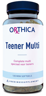 Eine Flasche mit der Aufschrift 'Orthica Teener Multi'. Auf dem Etikett steht 'Complete multi speciaal voor tieners' und '120 mini softgels'. Es handelt sich um ein Nahrungsergänzungsmittel speziell für Teenager. Der Flaschenverschluss ist blau.