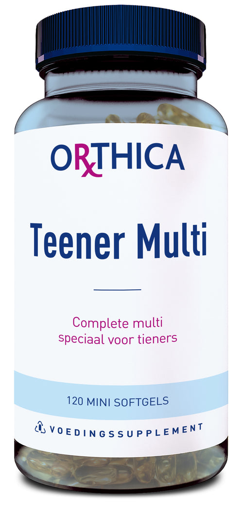 Eine Flasche mit der Aufschrift 'Orthica Teener Multi'. Auf dem Etikett steht 'Complete multi speciaal voor tieners' und '120 mini softgels'. Es handelt sich um ein Nahrungsergänzungsmittel speziell für Teenager. Der Flaschenverschluss ist blau.