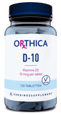 Das Bild zeigt eine Flasche mit dem Etikett "Orthica D-10". Auf dem Etikett steht "Vitamine D3, 10 mcg per tablet, 120 Tabletten, Vegetarisch, Voedingssupplement". Die Flasche hat einen blauen Deckel und enthält Tabletten.