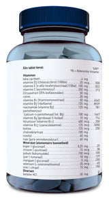 Eine durchsichtige Plastikflasche mit blauem Deckel, gefüllt mit weißen Tabletten. Auf dem Etikett sind Nährstoffangaben in niederländischer Sprache aufgedruckt, die Vitamine und Mineralstoffe sowie deren Mengen und empfohlene Tagesdosen auflisten.