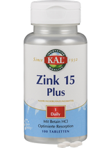 Eine weiße Plastikflasche mit Schraubverschluss, beschriftet mit 'KAL Zink 15 Plus'. Enthält 100 Tabletten. Etikett zeigt 'Nahrungsergänzungsmittel', '1 Daily', 'Mit Betain HCl Optimierte Resorption'.