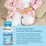 Frau hält sich den Bauch, daneben Solaray D-Mannose Produktbild mit Text über D-Mannose und CranActin.