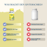 Das Bild zeigt einen Vergleich zwischen zwei Nahrungsergänzungsmitteln. Links ist eine gelbe Flasche von Solaray Neem 400 mg mit Vorteilen wie Hochdosierung, Vorrat für 100 Tage, vegan, laborgeprüft und Qualität seit 1973. Rechts ist eine weiße Flasche ohne Marke mit Nachteilen wie niedrige Dosierungen, geringe Reichweite, ungeprüfte Qualität und keine langjährige Erfahrung. Oben steht der Text 'WAS MACHT DEN UNTERSCHIED?'.