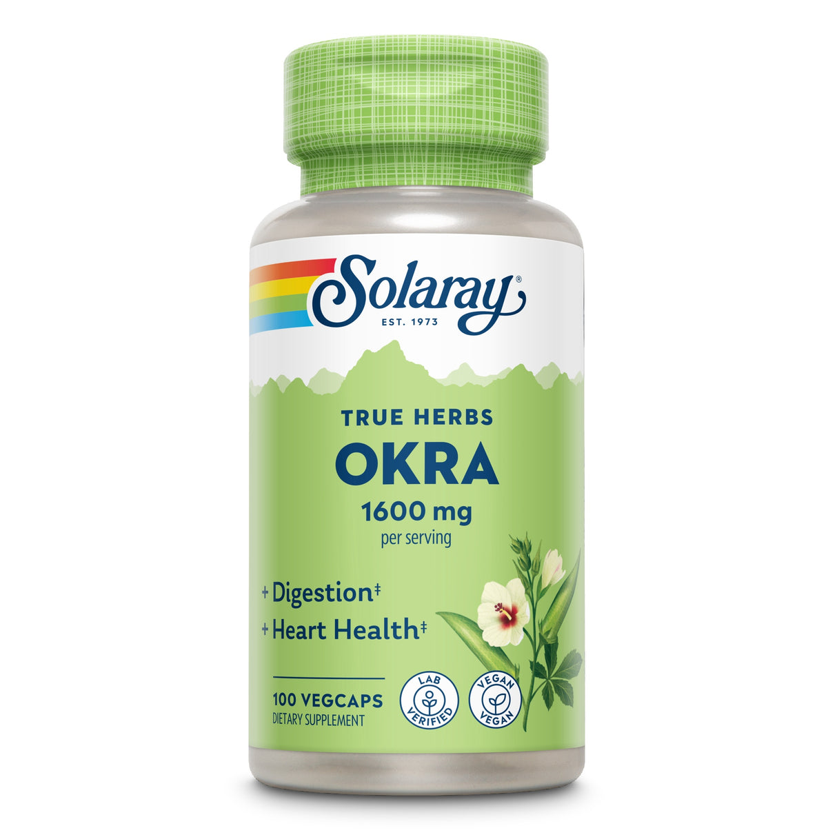 Grüne Flasche mit Etikett 'Solaray True Herbs Okra 1600 mg'. Unterstützt Verdauung und Herzgesundheit. 100 vegane Kapseln.