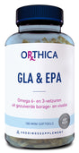 Eine weiße Plastikflasche mit dunkelblauem Deckel, beschriftet mit 'Orthica GLA & EPA'. Enthält Omega-6- und Omega-3-Fettsäuren aus gereinigtem Borretsch- und Fischöl. Die Flasche enthält 180 Mini-Softgel-Kapseln. Auf der Vorderseite ist ein silbernes Siegel mit der Aufschrift 'Enteric Technologie 100% natuurlijk' zu sehen.