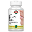 Das Bild zeigt eine weiße Plastikflasche mit einem Etikett. Auf dem Etikett steht 'Ultra Lysin Lips', ein Nahrungsergänzungsmittel mit L-Lysin, roter Meeresalge und Zink. Oben auf dem Etikett ist das Logo 'KAL' zu sehen. Ein Teil eines Gesichts mit Lippen ist ebenfalls abgebildet.