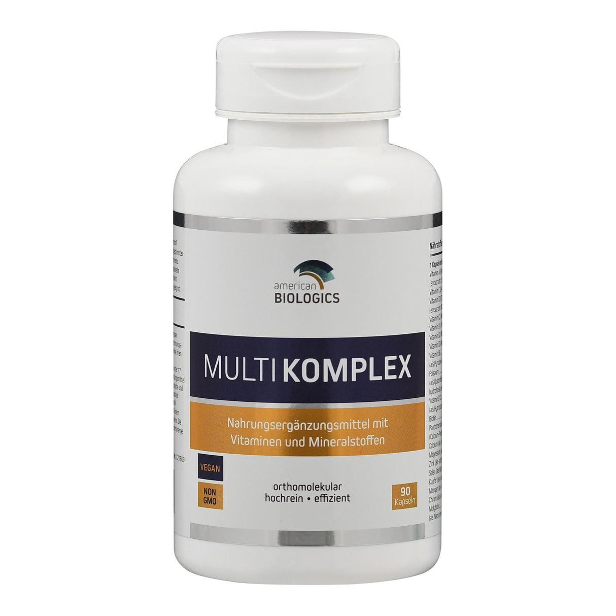 Weiße Flasche mit Etikett 'MULTIKOMPLEX', enthält Nahrungsergänzungsmittel mit Vitaminen und Mineralstoffen, vegan, non-GMO, 90 Kapseln.