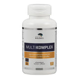 Weiße Flasche mit Etikett 'MULTIKOMPLEX', enthält Nahrungsergänzungsmittel mit Vitaminen und Mineralstoffen, vegan, non-GMO, 90 Kapseln.