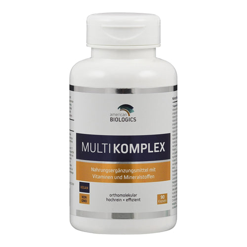 Weiße Flasche mit Etikett 'MULTIKOMPLEX', enthält Nahrungsergänzungsmittel mit Vitaminen und Mineralstoffen, vegan, non-GMO, 90 Kapseln.