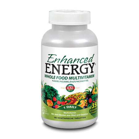 Eine weiße Flasche mit dem Aufdruck 'Enhanced Energy Whole Food Multivitamin'. Die Flasche zeigt eine bunte Mischung aus Obst und Gemüse auf dem Etikett. Enthält 180 vegetarische Tabletten. Markenname KAL.