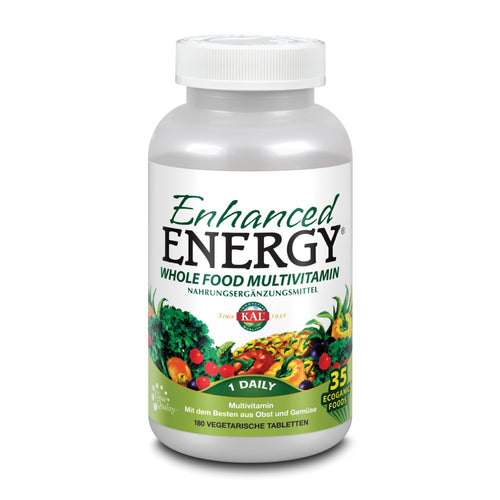 Eine weiße Flasche mit dem Aufdruck 'Enhanced Energy Whole Food Multivitamin'. Die Flasche zeigt eine bunte Mischung aus Obst und Gemüse auf dem Etikett. Enthält 180 vegetarische Tabletten. Markenname KAL.