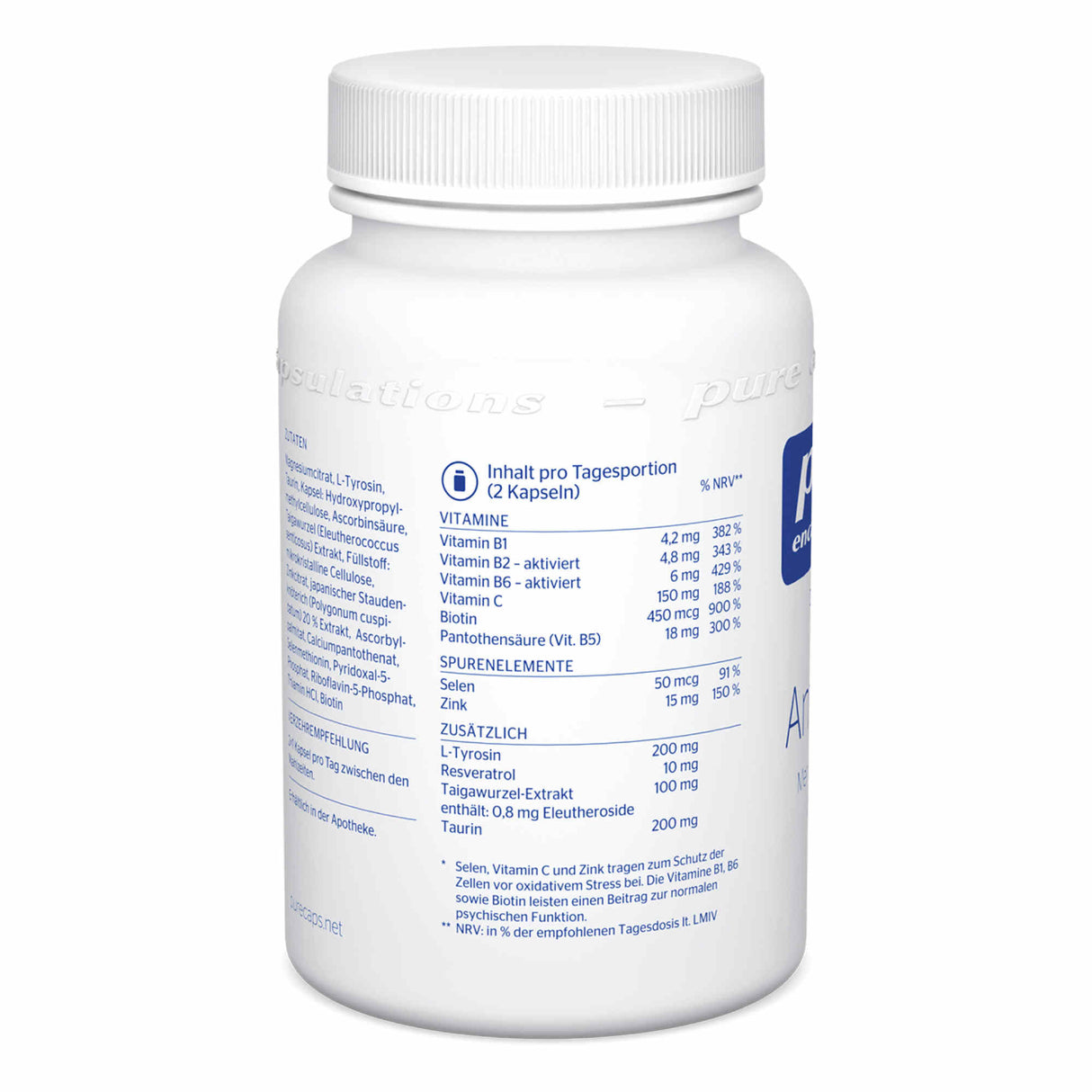 Eine weiße Kunststoffflasche mit einem Etikett, das die Inhaltsstoffe und Nährwerte eines Nahrungsergänzungsmittels zeigt. Auf dem Etikett sind Vitamine, Spurenelemente und zusätzliche Inhaltsstoffe aufgelistet. Die Flasche hat einen Schraubverschluss.
