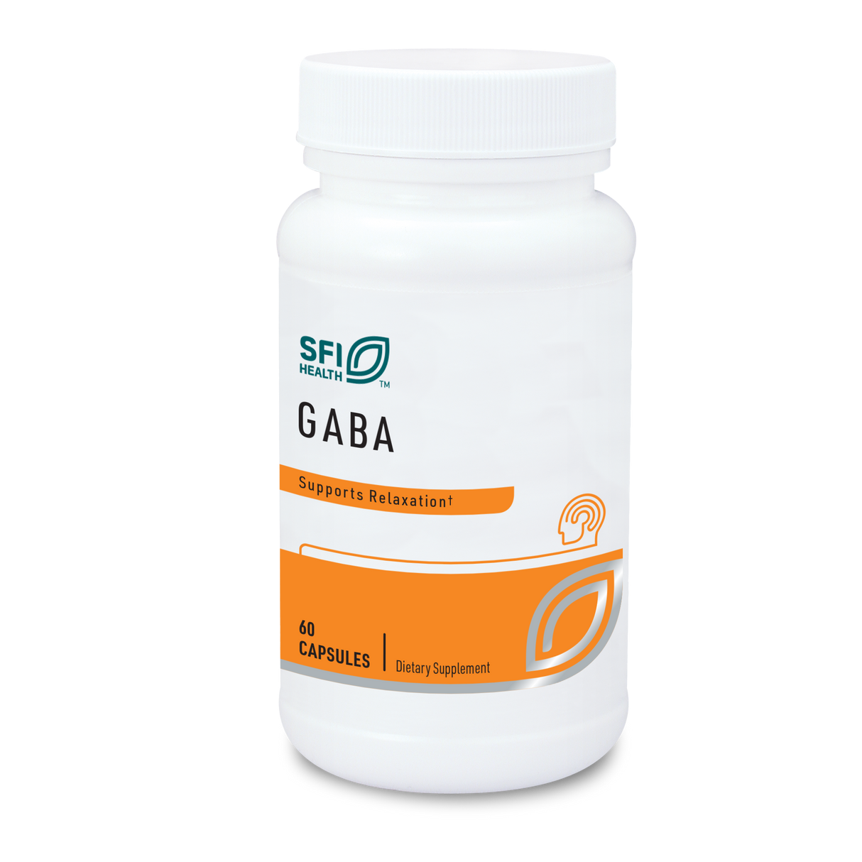 Weiße Flasche mit dem Aufdruck 'SFI Health GABA'. Unterstützt Entspannung. Enthält 60 Kapseln. Nahrungsergänzungsmittel.